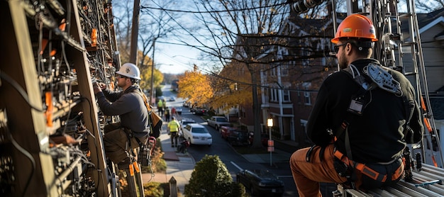 Workers are performing tasks at great heights on telephone poles utilizing ropes for suspension Generated with AI