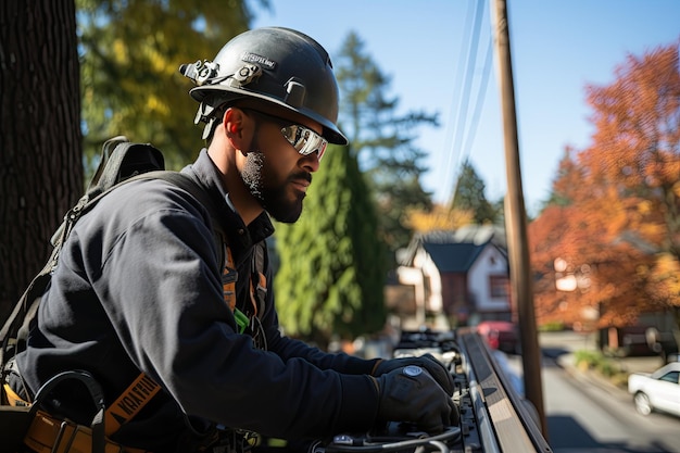 Workers are performing tasks at great heights on telephone poles utilizing ropes for suspension Generated with AI