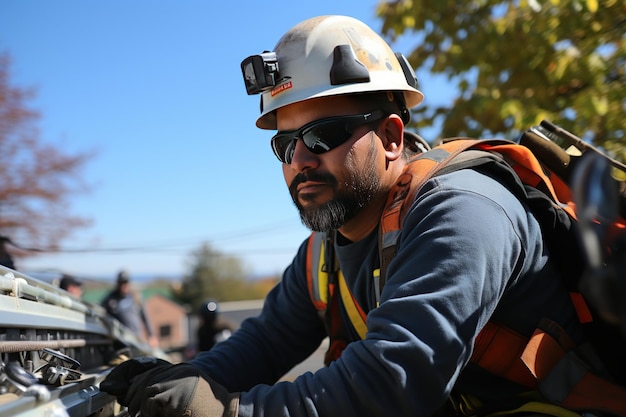 Workers are performing tasks at great heights on telephone poles utilizing ropes for suspension Generated with AI