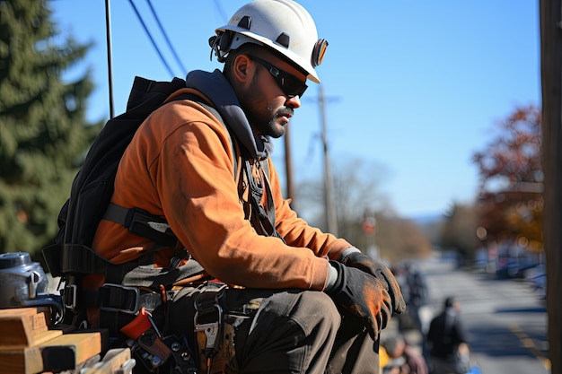 Workers are performing tasks at great heights on telephone poles utilizing ropes for suspension Generated with AI