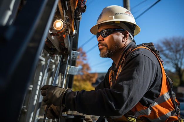 Workers are performing tasks at great heights on telephone poles utilizing ropes for suspension Generated with AI