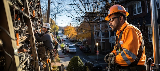 Workers are performing tasks at great heights on telephone poles utilizing ropes for suspension Generated with AI