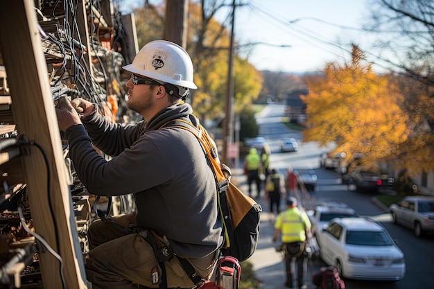 Workers are performing tasks at great heights on telephone poles utilizing ropes for suspension Generated with AI