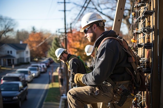 Workers are performing tasks at great heights on telephone poles utilizing ropes for suspension Generated with AI