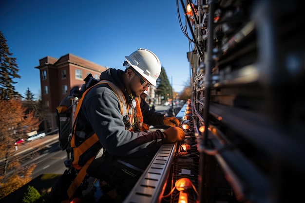 Workers are performing tasks at great heights on telephone poles utilizing ropes for suspension Generated with AI