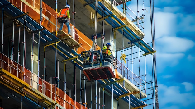 workers are working on a construction site with scaffolding