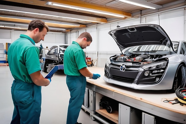 Workers assemble a car on assembly line in car factory