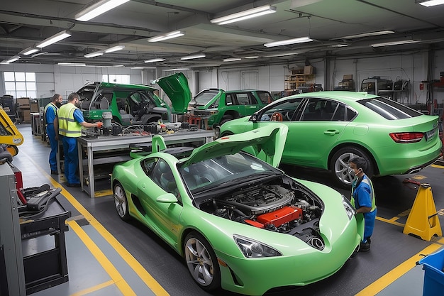 Workers assemble a car on assembly line in car factory