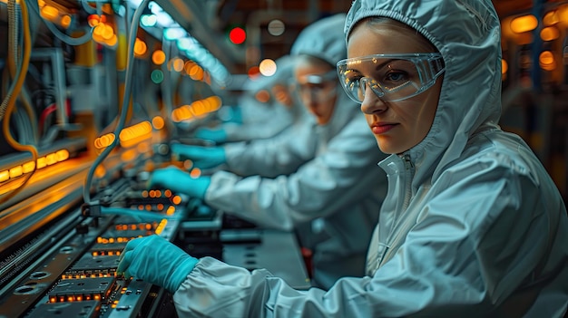 Workers assembling electronic devices on a cleanroom table futuristic technology