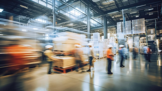 Workers blurred interior warehouse