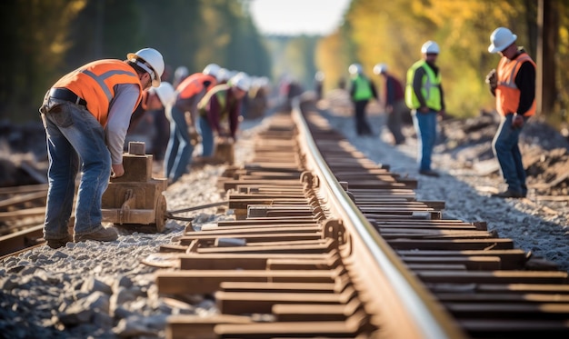 Workers in bright orange vests and hard hats worked diligently using power tools to secure the rails in place