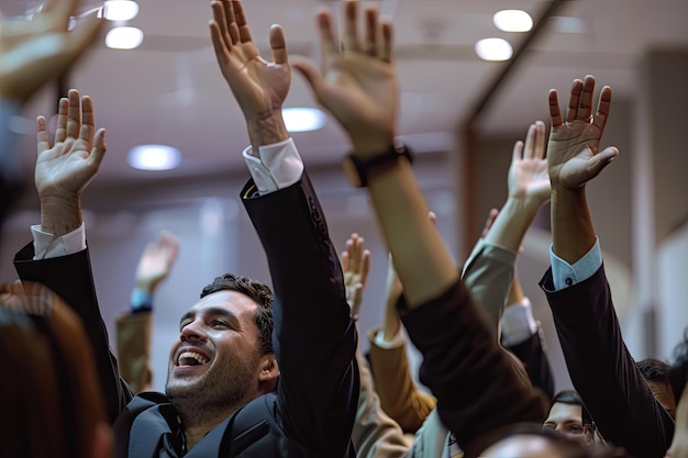 a Workers or businessmen raising their hands in joy