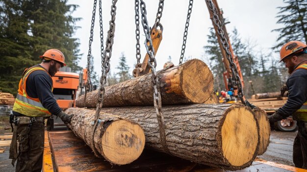 Photo workers carefully lift large logs using a crane surrounded by trees in a timber yard during logging