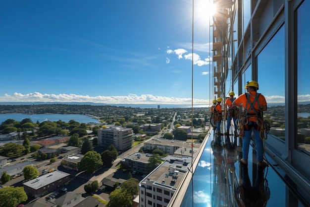 Workers cleaning highrise windows equipped with harnesses and hard hats are carefully suspended by ropes working at height Generated with AI