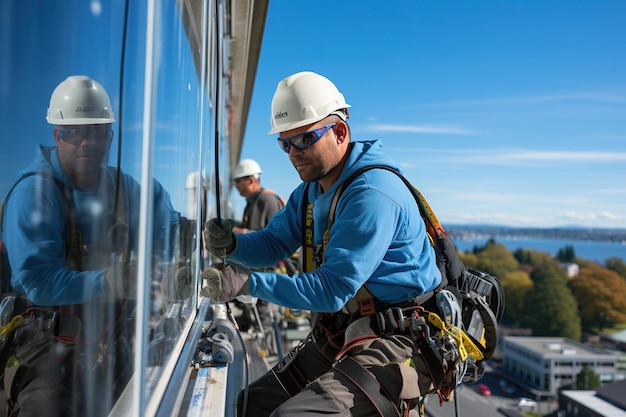 Workers cleaning highrise windows equipped with harnesses and hard hats are carefully suspended by ropes working at height Generated with AI