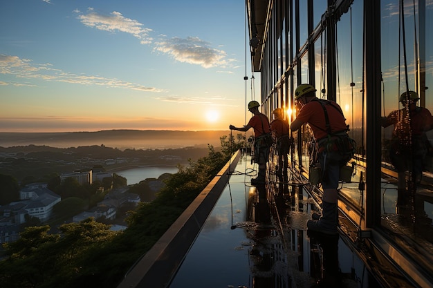 Workers cleaning highrise windows equipped with harnesses and hard hats are carefully suspended by ropes working at height Generated with AI