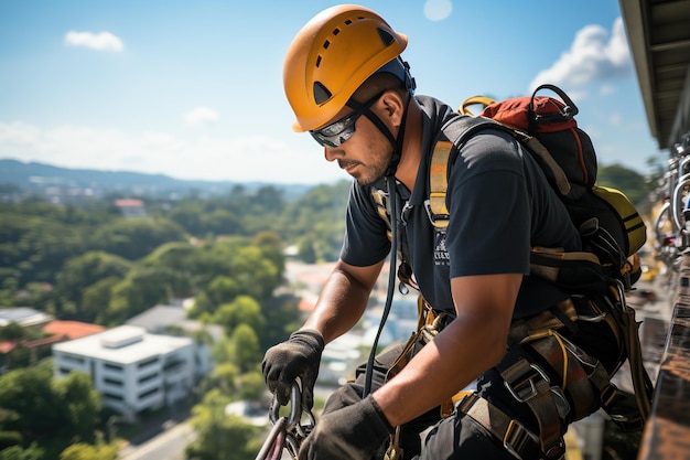 Workers cleaning highrise windows equipped with harnesses and hard hats are carefully suspended by ropes working at height Generated with AI