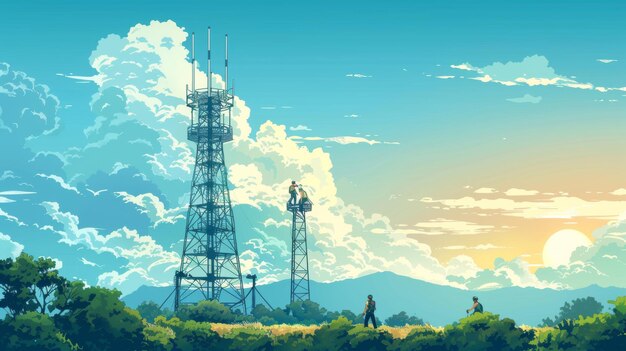 Workers climbing a communication tower with a beautiful landscape in the background Cartoon illustrations vectors