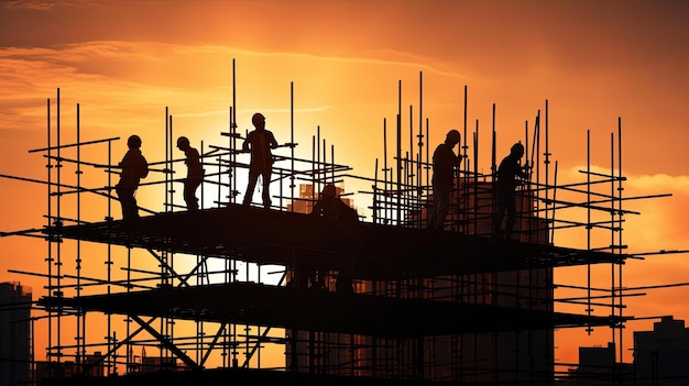 Workers construct homes on tall scaffolding without safety gear Industrial and contemporary urban construction setting Worker protection in labor insurance