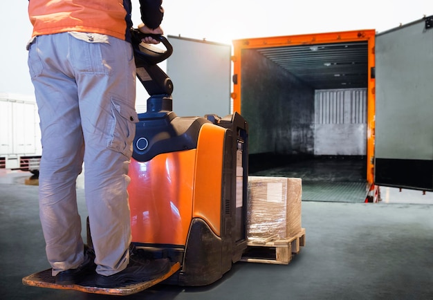 Workers Driving Forklift Pallet Jack Unloading Cargo Pallets into Cargo Container Delivery Trucks