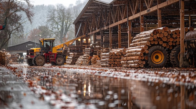 Photo workers engaged in wood stacking and processing during operation wide shot in a lumber yard