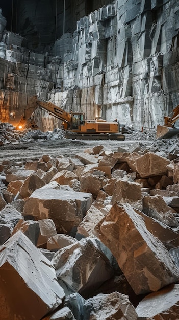 Photo workers extract granite blocks in a massive quarry with towering stone walls at dusk