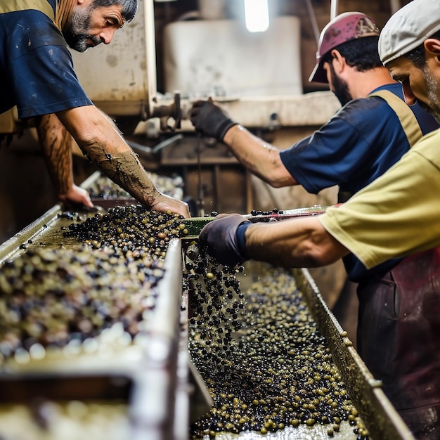 Workers Filling Pressing Machine with Olives to Produce Olive Oil