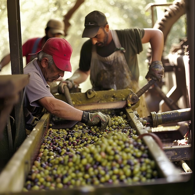 Workers Filling Pressing Machine with Olives to Produce Olive Oil