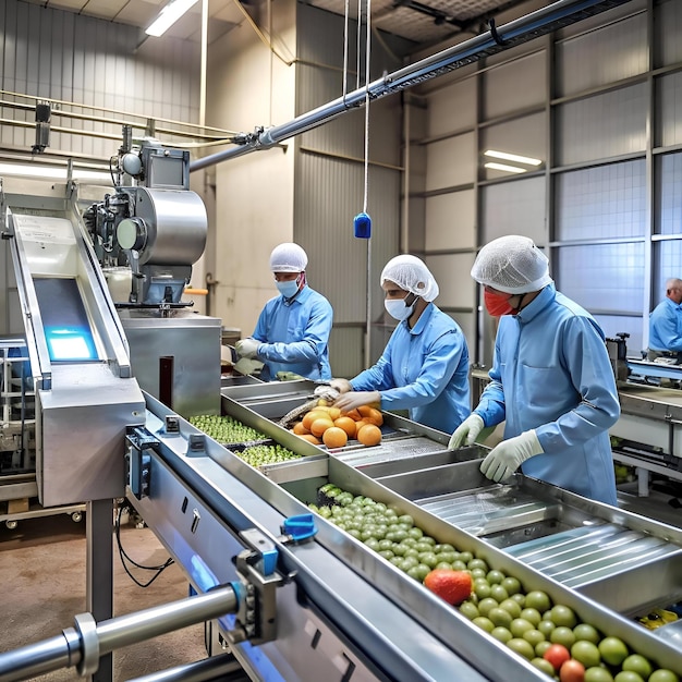 Photo workers in a food processing factory wearing protective gear operate a conveyor belt sorting and processing fresh oranges and green olives