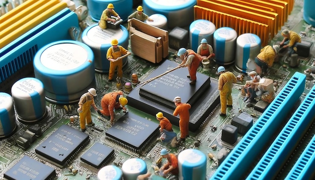 Workers on a giant circuit board performing various tasks