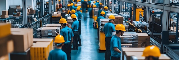 Photo workers in hard hats in a busy factory