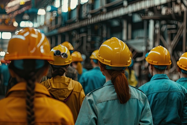 Photo workers in helmets at the factory group of workers changing shifts in industrial enterprise