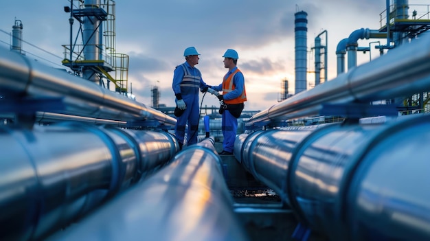 Workers inspecting both oil and gas pipelines