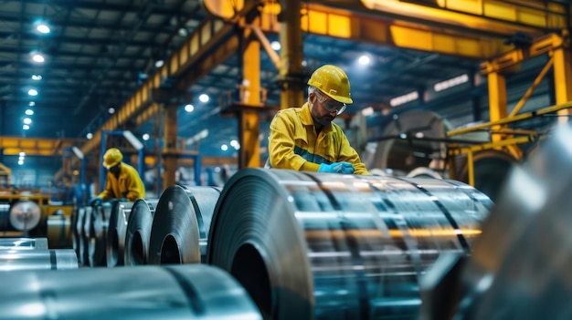 Photo workers inspecting finished steel products in a factory