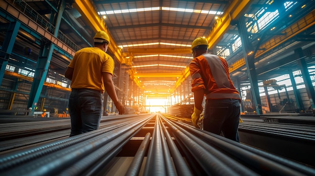 Photo workers inspecting steel rods in industrial warehouse