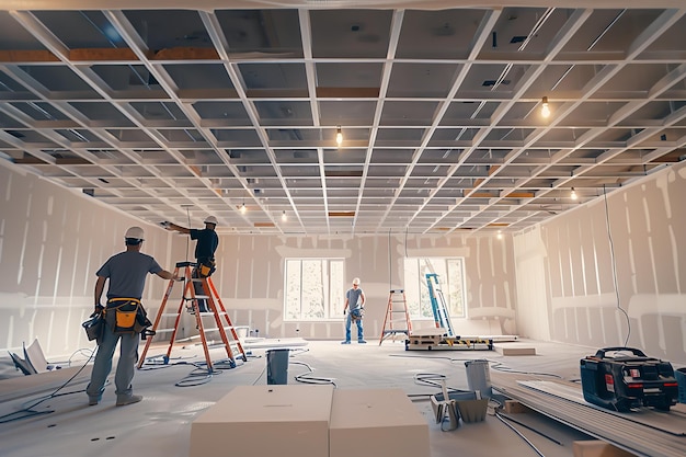 Workers install new ceiling