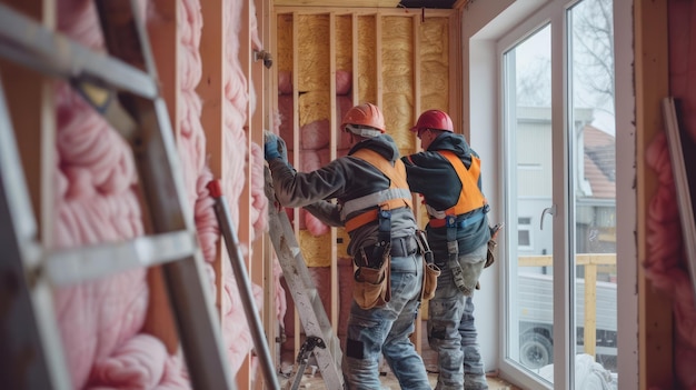 Workers installing insulation in the walls of a house