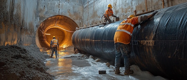 Workers Installing Large Underground Concrete Pipe