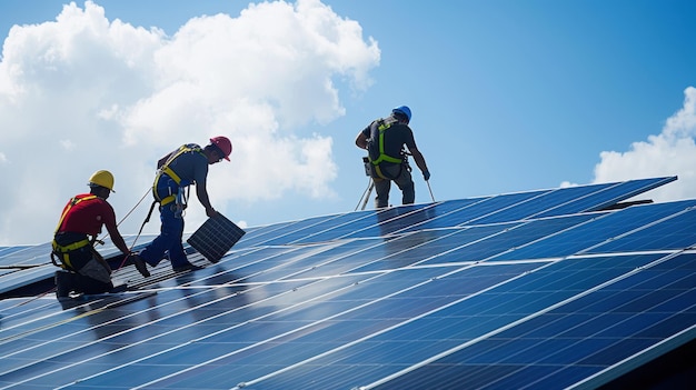 Workers installing solar panels on a commercial building roof using safety harnesses and equipment