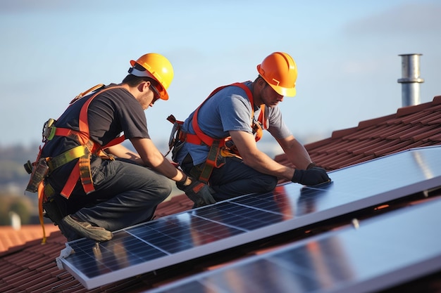 Workers installing solar panels on the roof