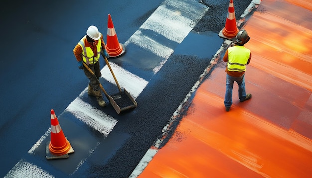 Photo workers installing traffic cones and markings on a new urban road construction project