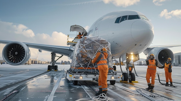 Photo workers loading cargo onto a plane