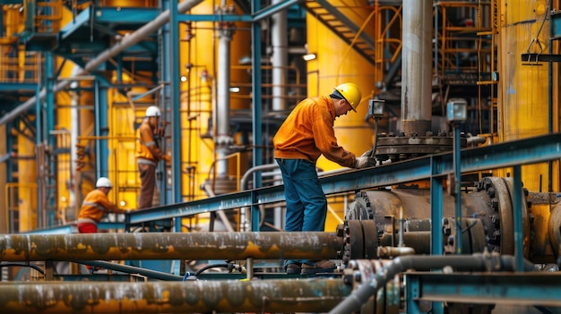 Workers maintaining machinery in an oil refinery