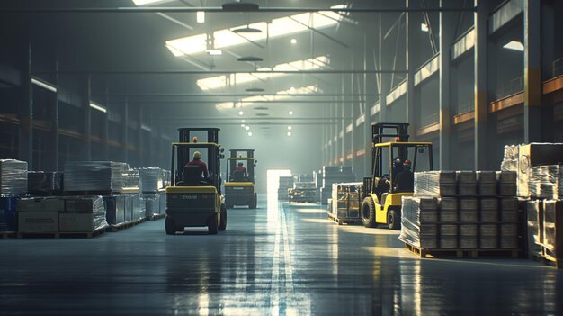 Workers in a modern warehouse using forklifts to move pallets of goods