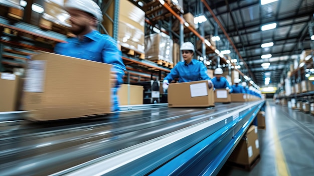 Workers in motion on a warehouse floor sorting packages