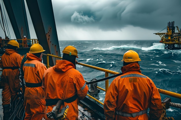 Workers on an offshore platform wear safety gear against stormy weather This image shows