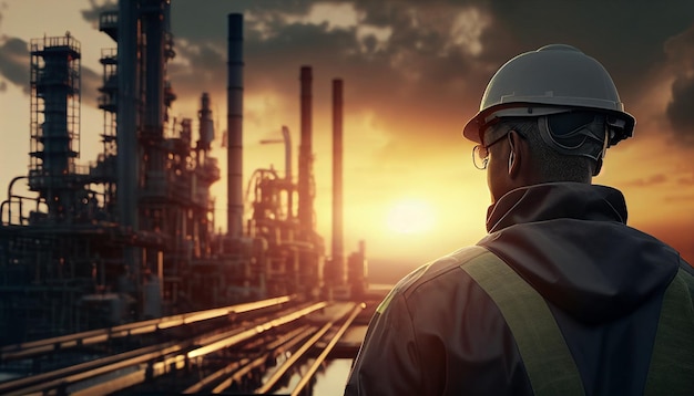 Workers in the oil field the petrochemical industry and the production of oil and gas Inside a refinery production plant factory workers or engineers stroll by gas pipelines Generative AI