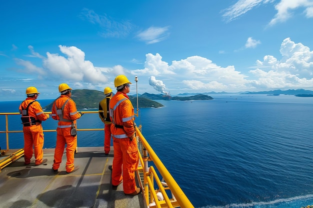 Workers in orange uniforms and safety gears stand on a platform overlooking the ocean The scene is vibrant and industrial designed for commercial use Generative AI