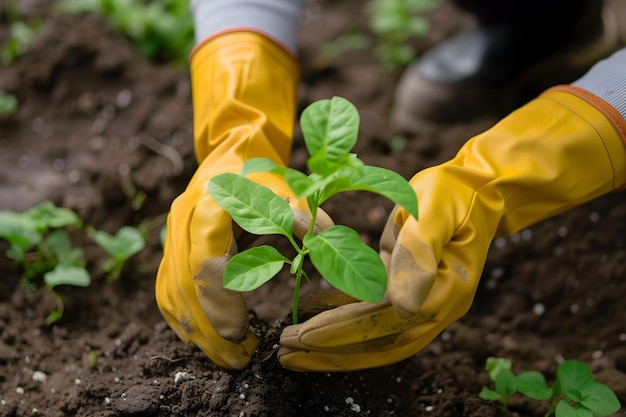 Workers Planting Green Vegetables in Yellow Gloves