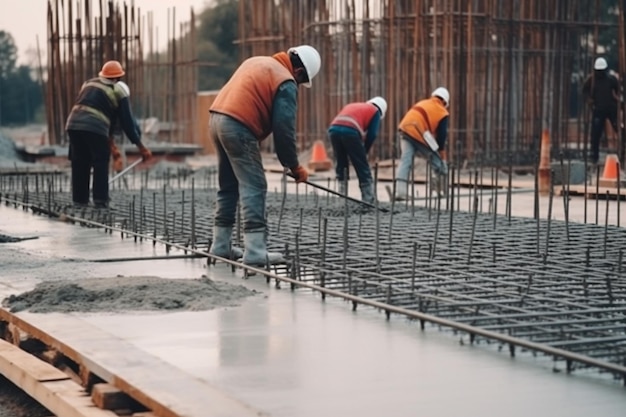 Workers pouring concrete Concrete pouring on the construction site Concrete pump Reinforcement steel